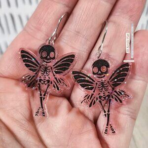 Goth Pink Glitter Fairies Fairy Skeletons Butterfly Earrings Z155